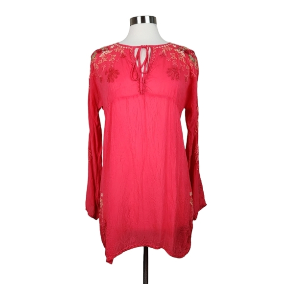 Johnny Was Orange Coral Roses Floral  Embroidered Tunic Blouse Women's Medium - Picture 6 of 12